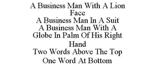 A BUSINESS MAN WITH A LION FACE A BUSINESS MAN IN A SUIT A BUSINESS MAN WITH A GLOBE IN PALM OF HIS RIGHT HAND TWO WORDS ABOVE THE TOP ONE WORD AT BOTTOM