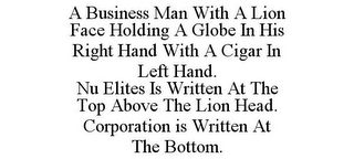 A BUSINESS MAN WITH A LION FACE HOLDING A GLOBE IN HIS RIGHT HAND WITH A CIGAR IN LEFT HAND. NU ELITES IS WRITTEN AT THE TOP ABOVE THE LION HEAD. CORPORATION IS WRITTEN AT THE BOTTOM.