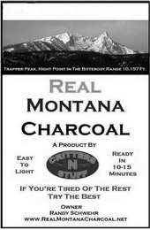 REAL MONTANA CHARCOAL A PRODUCT BY EASY TO LIGHT CRITTERS-N-STUFF READY IN 10-15 MINUTES IF YOU'RE TIRED OF THE REST TRY THE BEST OWNER RANDY SCHWEHR WWW.REALMONTANACHARCOAL.NET TRAPPER PEAK, HIGH POINT IN THE BITTEROOT RANGE 10,157 FT.