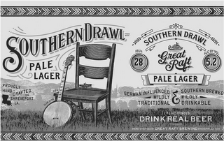 SOUTHERN DRAWL TRADE MARK PALE LAGER PROUDLY HAND-CRAFTED IN SHREVEPORT LA SLOW DOWN SIT A SPELL GREAT RAFT IBUS 28 ALC BY VOL 5.2 GERMAN INFLUENCED MILDLY TRADITIONAL SOUTHERN BREWED WILDLY DRINKABLE 12 FLUID OUNCES DRINK REAL BEER BREWED & PACKAGED BY GREAT RAFT BREWING SHREVEPORT, LA 71103