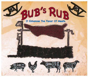 J&V BUB'S RUB IT ENHANCES THE FLAVORS OF MEATS. LOIN LEG HAM BLADE RIB BREAST TAIL CHUCK FLANK ROUND SIRLOIN NECK SHOULDER