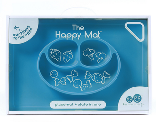 THE HAPPY MAT PLACEMAT + PLATE IN ONE SUCTIONS TO THE TABLE EZ PZ LESS MESS. MORE FUN BPA, PVC AND PHTHALATE FREE SILICONE