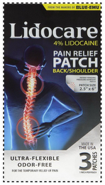 FROM THE MAKERS OF BLUE-EMU LIDOCARE 4%LIDOCAINE PAIN RELIEF PATCH BACK/SHOULDER PATENT PENDING PRESSURE ADHESIVE PATCH PATCH SIZE 2.5" X 6" MADE IN THE USA ULTRA-FLEXIBLE ODOR-FREE FOR THE TEMPORARY RELIEF OF PAIN 3 PATCHES 1 PATCH PER POUCH