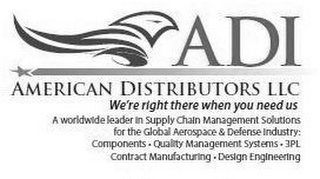 ADI AMERICAN DISTRIBUTORS LLC WE'RE RIGHT THERE WHEN YOU NEED US A WORLDWIDE LEADER IN SUPPLY CHAIN MANAGEMENT SOLUTIONS FOR THE GLOBAL AEROSPACE & DEFENSE INDUSTRY: COMPONENTS · QUALITY MANAGEMENT SYSTEMS · 3PL CONTRACT MANUFACTURING · DESIGN ENGINEERING