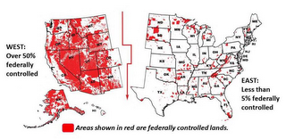 WEST: OVER 50% FEDERALLY CONTROLLED, EAST: LESS THAN 5% FEDERALLY CONTROLLED, AREAS SHOWN IN RED ARE FEDERALLY CONTROLLED LANDS. WA, OR, ID, MT, CO, UT, WY, CA, AZ, NM, NV, AK, HI, ND, SD, NE, KS, OK, TX, MN, IA, MO, AR, LA, MS, AL, GA, FL, TN,SC, NC, KY, VA, WV, OH, IN, IL, WI, MI, ME, PA, NY, MN, VT, NH, MA, CT, RI, NJ, DE, MD