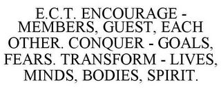 E.C.T. ENCOURAGE - MEMBERS, GUEST, EACH OTHER. CONQUER - GOALS, FEARS. TRANSFORM - LIVES, MINDS, BODIES, SPIRIT.