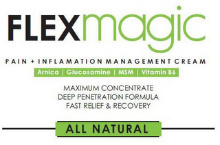 FLEXMAGIC ALL NATURAL PAIN + INFLAMMATION MANAGEMENT CREAM MAXIMUM CONCENTRATE DEEP PENETRATION FORMULA FAST RELIEF & RECOVERY ALL NATURAL