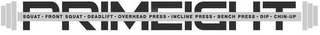 PRIMEIGHT · SQUAT · FRONT SQUAT · DEADLIFT · OVERHEAD PRESS · INCLINE PRESS · BENCH PRESS · DIP · CHIN-UP