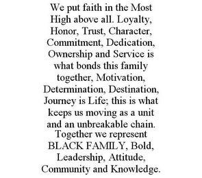 WE PUT FAITH IN THE MOST HIGH ABOVE ALL. LOYALTY, HONOR, TRUST, CHARACTER, COMMITMENT, DEDICATION, OWNERSHIP AND SERVICE IS WHAT BONDS THIS FAMILY TOGETHER, MOTIVATION, DETERMINATION, DESTINATION, JOURNEY IS LIFE; THIS IS WHAT KEEPS US MOVING AS A UNIT AND AN UNBREAKABLE CHAIN. TOGETHER WE REPRESENT BLACK FAMILY, BOLD, LEADERSHIP, ATTITUDE, COMMUNITY AND KNOWLEDGE.