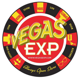 VEGAS EXP ALWAYS OPEN STORE SHOT GLASSES MUGS SNACKS HATS WATER SUNSCREEN