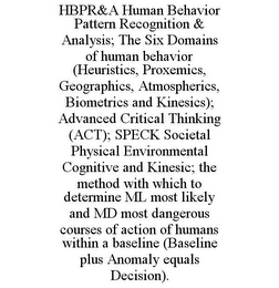 HBPR&A HUMAN BEHAVIOR PATTERN RECOGNITION & ANALYSIS; THE SIX DOMAINS OF HUMAN BEHAVIOR (HEURISTICS, PROXEMICS, GEOGRAPHICS, ATMOSPHERICS, BIOMETRICS AND KINESICS); ADVANCED CRITICAL THINKING (ACT); SPECK SOCIETAL PHYSICAL ENVIRONMENTAL COGNITIVE AND KINESIC; THE METHOD WITH WHICH TO DETERMINE ML MOST LIKELY AND MD MOST DANGEROUS COURSES OF ACTION OF HUMANS WITHIN A BASELINE (BASELINE PLUS ANOMALY EQUALS DECISION).