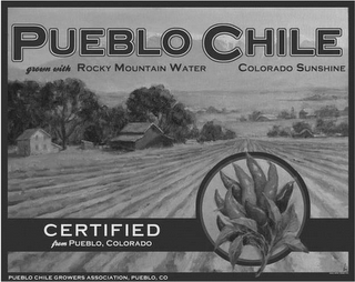 PUEBLO CHILE GROWN WITH ROCKY MOUNTAIN WATER COLORADO SUNSHINE CERTIFIED FROM PUEBLO, COLORADO PUEBLO CHILE GROWERS ASSOCIATION, PUEBLO, CO