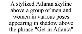 A STYLIZED ATLANTA SKYLINE ABOVE A GROUP OF MEN AND WOMEN IN VARIOUS POSES APPEARING IN SHADOW ABOVE THE PHRASE "GET IN ATLANTA"