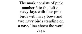 THE MARK CONSISTS OF PINK NUMBER 6 TO THE LEFT OF NAVY JAYS WITH FOUR PINK BIRDS WITH NAVY BOWS AND TWO NAVY BIRDS STANDING ON A NAVY LINE ABOVE THE WORD JAYS.