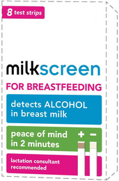 8 TEST STRIPS MILKSCREEN FOR BREASTFEEDING DETECTS ALCOHOL IN BREAST MILK PEACE OF MIND IN 2 MINUTES LACTATION CONSULTANT RECOMMENDED + -