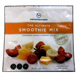 M METROPOLITANMARKET THE ULTIMATE SMOOTHIE MIX STRAWBERRY, BANANA, RASPBERRY, MANGO PERFECTLY RIPE BEST FLAVOR SMOOTHIE ENLARGED TO SHOW DETAIL, CALORIES 80 PER 1 CUP SERVING POTASSIUM 8% 300MG PER CUP DIETARY FIBER 4G PER 1 CUP SERVING NET WT. 2 LBS. (907 G) KEEP FROZEN UNTIL READY FOR USE