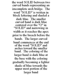 THE WORD SOLID BETWEEN TWO CURVED BANDS REPRESENTING AN IMCOMPLETE ARCH BRIDGE. THE WORD "SOLID" IS WRITTEN IN BLOCK LETTERING AND SHADED A DARK BLUE. THE SMALLER CURVED BAND IS DARK BLUE CENTERED OVER THE "O" IN "SOLID" AND NARROWING IN WIDTH AS IT REACHES THE APEX PRIOR TO THE BREACH BEFORE THE BANDS. THE LARGER CURVED BAND COMMENCES AT THE END OF THE WORD "SOLID" AND ARCHES TOWARD THE SMALLER BAND. THE COLORING OF THE LARGER BAND IS DARK BLUE AT THE BASE WITH THE COLORING GRADUALLY BECOMING A LIGHTER SHADE OF BLUE TOWARDS THE UPPER MOST PORTION OF THE LARGER BAND