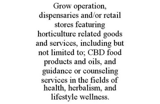 GROW OPERATION, DISPENSARIES AND/OR RETAIL STORES FEATURING HORTICULTURE RELATED GOODS AND SERVICES, INCLUDING BUT NOT LIMITED TO; CBD FOOD PRODUCTS AND OILS, AND GUIDANCE OR COUNSELING SERVICES IN THE FIELDS OF HEALTH, HERBALISM, AND LIFESTYLE WELLNESS.