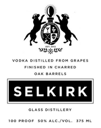 COMPLECTO QUOD INSPERATUS, EST. 2012, VODKA DISTILLED FROM GRAPES FINISHED IN CHARRED OAK BARRELS, SELKIRK, GLASS DISTILLERY 100% PROOF 50% ALC./VOL. 375 ML