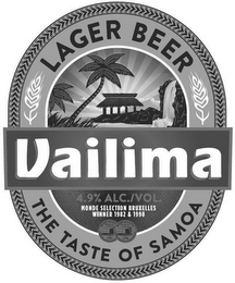 VAILIMA LAGER BEER THE TASTE OF SAMOA 4.9% ALC./VOL MONDE SECTION BRUXELLES WINNER 1982 & 1998