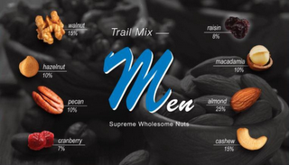 TRAIL MIX MEN SUPREME WHOLESOME NUTS WALNUT 15% HAZELNUT 10% PECAN 10% CRANBERRY 7% RAISIN 8% MACADAMIA 10% ALMOND 25% CASHEW 15%