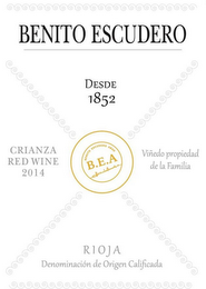 BENITO ESCUDERO DESDE 1852 CRIANZA RED WINE 2014 BENITO ESCUDERO ASAD B.E.A. BENITO ESCUDERO ASAD VIÑEDO PROPIEDAD DE LA FAMILIA RIOJA DENOMINACIÓN DE ORIGEN CALIFICADA