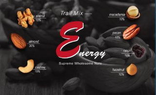 TRAIL MIX ENERGY SUPREME WHOLESOME NUTS WALNUT 15% ALMOND 30% CASHEW 15% MACADAMIA 10% PECAN 10% RAISIN 10% HAZELNUT 10%