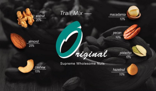 TRAIL MIX ORIGINAL SUPREME WHOLESOME NUTS WALNUT 20% ALMOND 25% CASHEW 15% MACADAMIA 10% PECAN 10% PISTACHIO 10% HAZELNUT 10%