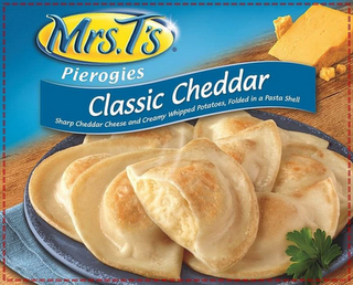 MRS. T'S PIEROGIES CLASSIC CHEDDAR SHARP CHEDDAR CHEESE AND CREAMY WHIPPED POTATOES, FOLDED IN A PASTA SHELL