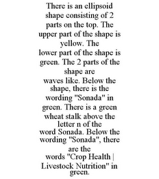 THERE IS AN ELLIPSOID SHAPE CONSISTING OF 2 PARTS ON THE TOP. THE UPPER PART OF THE SHAPE IS YELLOW. THE LOWER PART OF THE SHAPE IS GREEN. THE 2 PARTS OF THE SHAPE ARE WAVES LIKE. BELOW THE SHAPE, THERE IS THE WORDING "SONADA" IN GREEN. THERE IS A GREEN WHEAT STALK ABOVE THE LETTER N OF THE WORD SONADA. BELOW THE WORDING "SONADA", THERE ARE THE WORDS "CROP HEALTH | LIVESTOCK NUTRITION" IN GREEN.