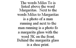 THE WORDS MILES TO IS LISTED ABOVE THE WORD MARGARITAS. NEXT TO THE WORDS MILES TO MARGARITAS IS A PHOTO OF A MAN RUNNING AND NEXT TO THE MAN RUNNING IS A PHOTO FO A MARGARITA GLASS WITH THE WORD 5K ON THE FRONT. BEHIND THE MARGARITA GLASS IS A SHOE PRINT.