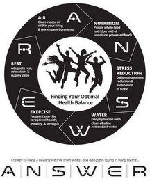 AIR CLEAN INDOOR AIR WITHIN YOUR LIVING & WORKING ENVIRONMENTS A NUTRITION PROPER WHOLE FOOD NUTRITION VOID OF UNNATURAL PROCESSED FOODS N STRESS REDUCTION DAILY MANAGEMENT, REDUCTION & ELIMINATION OF STRESS S WATER DAILY HYDRATION WITH CLEAN ALKALINE ANTIOXIDANT WATER W EXERCISE FREQUENT EXERCISE FOR OPTIMAL HEALTH, MOBILITY, & STRENGTH E REST ADEQUATE REST, RELAXATION, & QUALITY SLEEP R; FINDING YOUR OPTIMAL HEALTH BALANCE; THE KEY TO LIVING A HEALTHY LIFE FREE FROM ILLNESS AND DISEASE IS FOUND IN LIVING BY THE...ANSWER