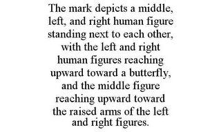 THE MARK DEPICTS A MIDDLE, LEFT, AND RIGHT HUMAN FIGURE STANDING NEXT TO EACH OTHER, WITH THE LEFT AND RIGHT HUMAN FIGURES REACHING UPWARD TOWARD A BUTTERFLY, AND THE MIDDLE FIGURE REACHING UPWARD TOWARD THE RAISED ARMS OF THE LEFT AND RIGHT FIGURES.