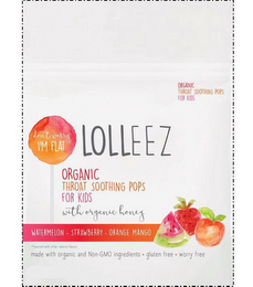 LOLLEEZ DON'T WORRY I'M FLAT ORGANIC THROAT SOOTHING POPS FOR KIDS WITH ORGANIC HONEY WATERMELON STRAWBERRY ORANGE MANGO MADE WITH ORGANIC AND NON-GMO INGREDIENTS · GLUTEN FREE · WORRY FREE