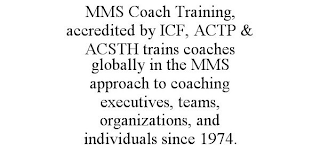 MMS COACH TRAINING, ACCREDITED BY ICF, ACTP & ACSTH TRAINS COACHES GLOBALLY IN THE MMS APPROACH TO COACHING EXECUTIVES, TEAMS, ORGANIZATIONS, AND INDIVIDUALS SINCE 1974.