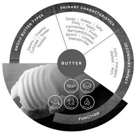 BUTTER BROAD TYPES PRIMARY CHARACTERISTICS SECONDARY IMPACT FUNCTION SAVORY CREAMY CULTURED SWEET TOASTED TANGY GRASSY SALTY MILKY YEASTY FERMENTED FRUITY BARNYARD ANIMAL BROWN COOKED POPCORN-LIKE FATTY INDULGENT MELTED RICH MASKING BUILDER MOUTHFEEL REPLACER HEAT TOLERANT