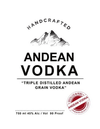 HANDCRAFTED ANDEAN VODKA "TRIPLE DISTILLED ANDEAN GRAIN VODKA" DISTILLED IN PERU ANDEAN VODKA ANDEAN BLACK CORN 750 ML 45% ALC/VOL 90 PROOF