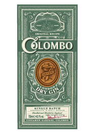 TRADE MARK ORIGINAL RECIPE COLOMBO 7 SEVEN LONDON DRY GIN SINGLE BATCH HANDCRAFTED IN SMALL BATCHES DISTILLED AND BOTTLED IN ENGLAND 700 MLE 43.1% VOL. ORIGINAL FAMILY RECIPE CREATED BY CARL DE SILVA WIJEYERATNE CINNAMON GARDENS, COLOMBO