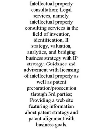 INTELLECTUAL PROPERTY CONSULTATION; LEGAL SERVICES, NAMELY, INTELLECTUAL PROPERTY CONSULTING SERVICES IN THE FIELD OF INVENTION, IDENTIFICATION, IP STRATEGY, VALUATION, ANALYTICS, AND BRIDGING BUSINESS STRATEGY WITH IP STRATEGY. GUIDANCE AND ADVISEMENT WITH LICENSING OF INTELLECTUAL PROPERTY AS WELL AS PATENT PREPARATION/PROSECUTION THROUGH 3RD PARTIES; PROVIDING A WEB SITE FEATURING INFORMATION ABOUT PATENT STRATEGY AND PATENT ALIGNMENT WITH BUSINESS GOALS.