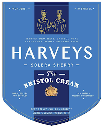 HARVEYS SOLERA SHERRY THE BRISTOL CREAM. FROM JEREZ TO BRISTOL HARVEY BROTHERS, BRISTOL WINE MERCHANTS IMPORTING FROM SPAIN DARK, GOLDEN AND COMPLEX RICH WITH A MELLOW SWEETNESS BEST SERVED CHILLED-PERFECT WHEN 'HARVEYS' TURNS BLUE