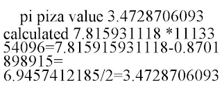 PI PIZA VALUE 3.4728706093 CALCULATED 7.815931118 *1113354096=7.815915931118-0.8701898915= 6.9457412185/2=3.4728706093