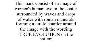 THIS MARK CONSIST OF AN IMAGE OF WOMEN'S HUMAN EYE IN THE CENTER SURROUNDED BY WAVES AND DROPS OF WATER WITH ROMAN NUMERALS FORMING A CIRCLE BOARDER AROUND THE IMAGE WITH THE WORDING TRUE EVOLUTION ON THE BOTTOM