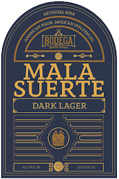 ARTISINAL BEER AMERICAN MADE, MEXICAN INFLUENCED LA BODEGA BREWING COMPANY MALA SUERTE DARK LAGER ALC/VOL 5% 12 FLUID OZ.