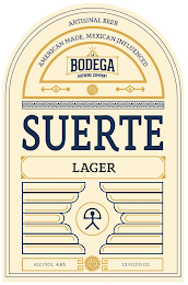 ARTISINAL BEER AMERICAN MADE, MEXICAN INFLUENCED LA BODEGA BREWING COMPANY SUERTE LAGER ALC/VOL 4.8% 12 FLUID OZ.