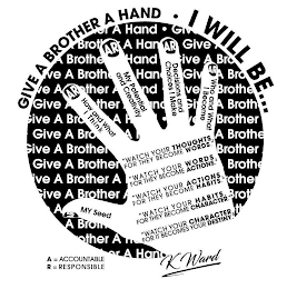 GIVE A BROTHER A HAND I WILL BE... MY SEED HOW AND WHAT I THINK MY POTENTIAL AND CREATIVITY DECISIONS AND CHOICES I MAKE WHO AND WHAT I BECOME "WATCH YOUR THOUGHTS, FOR THEY BECOME WORDS." "WATCH YOUR WORDS, FOR THEY BECOME ACTIONS." "WATCH YOUR ACTIONS, FOR THEY BECOME HABITS." "WATCH YOUR HABITS, FOR THEY BECOME CHARACTER." "WATCH YOUR CHARACTER, FOR IT BECOMES YOUR DESTINY." A= ACCOUNTABLE R= RESPONSIBLE K WARD