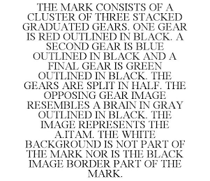 THE MARK CONSISTS OF A CLUSTER OF THREE STACKED GRADUATED GEARS. ONE GEAR IS RED OUTLINED IN BLACK. A SECOND GEAR IS BLUE OUTLINED IN BLACK AND A FINAL GEAR IS GREEN OUTLINED IN BLACK. THE GEARS ARE SPLIT IN HALF. THE OPPOSING GEAR IMAGE RESEMBLES A BRAIN IN GRAY OUTLINED IN BLACK. THE IMAGE REPRESENTS THE A.ITAM. THE WHITE BACKGROUND IS NOT PART OF THE MARK NOR IS THE BLACK IMAGE BORDER PART OF THE MARK.