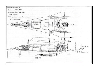 24.2 FT 48.5 FT CONFIGURATION 19 ELASTOMER/RSI TPS ALUMINUM SUBSTRUCTURE LR-99 ENGINE 5300 LB AUXILIARY PROPELLANT IN PAYLOAD BAY 9.5 IN B-52 CLEARANCE