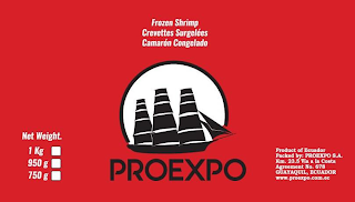 NET WEIGHT. 1 KG 950 G 750 G FROZEN SHRIMP CREVETTES SURGELÉES CAMARÓN CONGELADO PROEXPO PRODUCT OF ECUADOR PACKED BY: PROEXPO S.A. KM. 23.5 VIA A LA COSTA AGREEMENT NO. 678 GUAYAQUIL ECUADOR WWW.PROEXPO.COM.EC