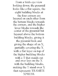 FROM A BIRDS EYE VIEW LOOKING DOWN; THE PYRAMID LOOKS LIKE A FLAT SQUARE, THE EIGHT BUILDING BLOCKS AT THE FOUR CORNERS ARE LAYERED ON EACH OTHER FROM THE BOTTOM BLOCKS TOWARDS THE CORNERS, AND THE HIGHER LEVER BLOCKS TOWARDS THE CENTER OF THE PYRAMID BUT LAYERED ABOVE THE BOTTOM BUILDING BLOCKS, GIVING IT THE PYRAMID LOOK AND GIVING THE SHAPE OF AN X, PARTIALLY COVERING THE X WITH A FLAT LAYER ON TOP OF THE HIGHER BUILDING BLOCKS WITH A T THAT STANDS OUT AND OVER LAYS ON THE X WITH THE BUILDING BLOCKS, MAKING THE T STAND OVER X THAT REPRESENTS TRAMITE XPRESS.