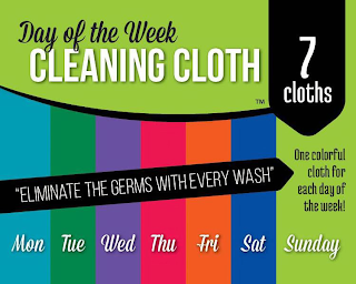 DAY OF THE WEEK CLEANING CLOTH 7 CLOTHSONE COLORFUL CLOTH FOR EACH DAY OF THE WEEK! MON TUE WED THU FRI SAT SUNDAY "ELIMINATE THE GERMS WITH EVERY WASH"